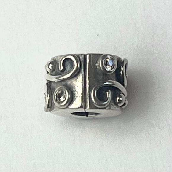 PANDORA Sterling Silver Clear CZ Tendril Swirl Clip Rare Retired Bead Charm - Picture 2 of 9